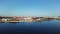 Russia, Saint-Petersburg, aerial view of Peter and Paul Fortress, sunny weather, clouds, cityscape, and blue water of Royalty Free Stock Photo