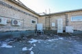 Russia, Saint-Petersburg - April 30, 2018: Climatic vandal-proof cabinet with microwave equipment and power cables, coaxial cables