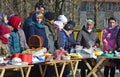 The consecration of eggs and cakes near the Church-chapel of the Intercession of the blessed virgin in Rybatsky in St. Petersburg Royalty Free Stock Photo