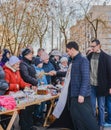 The consecration of eggs and cakes near the Church-chapel of the Intercession of the blessed virgin in Rybatsky in St. Petersburg Royalty Free Stock Photo