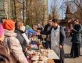 The consecration of eggs and cakes near the Church-chapel of the Intercession of the blessed virgin in Rybatsky in St. Petersburg Royalty Free Stock Photo