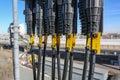 Russia, Saint-Petersburg - April 30, 2018: Protective covers of optic cables connected to telecommunication radio panel antenna