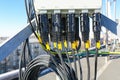 Russia, Saint-Petersburg - April 30, 2018: Protective covers of optic cables connected to telecommunication radio panel antenna