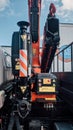RUSSIA, SAINT PETERSBURG - JULY 10, 2022: Palfinger crane manipulator close-up Royalty Free Stock Photo