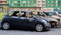 Russia. Saint Petersburg. July 17, 2019. Partially burned car after a fire, parts of the body burnt door handles and cracked glass