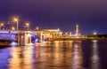 Russia, Saint-Petersburg, June 2, 2019: Palace Bridge, Old Saint Petersburg Stock Exchange and Rostral Columns Royalty Free Stock Photo