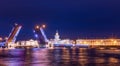 Russia, Saint-Petersburg, June 2, 2019: Palace Bridge, Old Saint Petersburg Stock Exchange and Rostral Columns Royalty Free Stock Photo