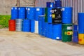 RUSSIA, SAINT-PETERSBURG May16.2019 multicolored metal barrels with chemical waste or raw materials