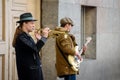 Russia, Saint Petersburg, may 23, 2020: street musicians in Saint Petersburg. Royalty Free Stock Photo