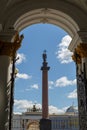 View to the Alexander Column and the Palace Square through arch of gate of the Winter Palace Royalty Free Stock Photo