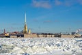 Russia. Saint Petersburg. Peter and Paul Fortress on a frosty winter, sunny day. Blocks of ice on the Neva River Royalty Free Stock Photo