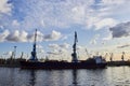 Russia, Saint-Petersburg, September 2019: Cargo port on Kanonersky Island Royalty Free Stock Photo