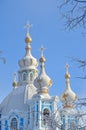 Russia, Saint-Petersburg. Smolny Cathedral in winter day. It`s snowing, snowflakes in the sky