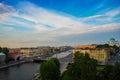 Russia, St. Petersburg. Trinity Cathedral, view of Kryukov canal and bridge.