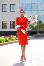 RUSSIA, SAMARA: 08 AUGUST 2019. Sexy stewardess dressed in official red uniform of Aeroflot Airlines