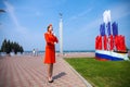 RUSSIA, SAMARA: 26 JULE 2019. Beautiful stewardess dressed in official red uniform of Aeroflot Airlines