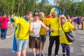 Beautiful football fans from Russia and Sweden communicate with each other before the match England Sweden at the World Cup