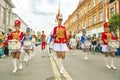 A beautiful girl in a hussar costume on Kuibyshev street at the carnival dedicated to the World Cup