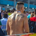 Football English fan with a painted English flag on his face at the World Cup Royalty Free Stock Photo