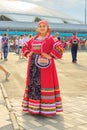beautiful Russian woman in national clothes greeting guests at the World Cup Royalty Free Stock Photo