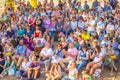 Spectators at a lecture on the open area of the beach. Bank of the Volga.