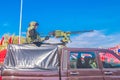 Samara, May 2018: Army jeeps UAZ `Gusar` with a heavy machine gun at the top of a city street