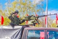 Samara, May 2018: Army jeeps UAZ `Gusar` with a heavy machine gun at the top of a city street
