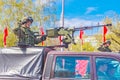 Samara, May 2018: Army jeeps UAZ `Gusar` with a heavy machine gun at the top of a city street