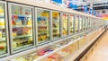 Glass showcases with frozen semi-finished products in Auchan hypermarket