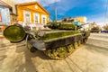 New military modified russian army main battle tank T-72B3M in green camouflage at the city street