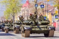 Samara, May 2018: Russian main tank T-72B3 with dynamic armor in the city Royalty Free Stock Photo