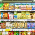 variety of packaged products on the shelf in the supermarket.