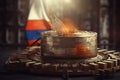 russia sanctions economy with flag and gear works with fire burning, generative AI