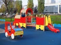 Russia, Saratov - Oct, 2020: Children outdoor playground in a new residential area. Nobody. Comfortable safe urban environment.