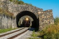 Russia, September 15, Tourist train rides through the tunnel on Circum-Baikal Railway Royalty Free Stock Photo