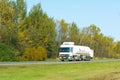 Russia. September 2020. White fuel truck transports fuel gasoline on the highway