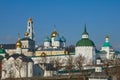 RUSSIA, SERGIEV POSAD, February 22, 2020: Trinity Sergius Lavra. General view of the monastery. White fortress wall, corner tower Royalty Free Stock Photo