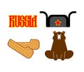 Russia set sign icon. Bast shoes and bear. Ushanka and red star. Royalty Free Stock Photo