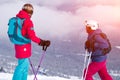 Russia, Sheregesh 2018.11.17 Professional skiers in bright sport Royalty Free Stock Photo