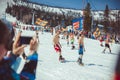Russia, Sheregesh, - 16.04.2016: in a swimsuit on the slopes