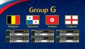 Russia soccer tournament calendar. Group G with the flag of each country. Schedule table with date, time , city location
