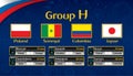 Russia soccer tournament calendar. Group H with the flag of each country. Schedule table with date, time , city location