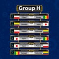 Russia soccer tournament calendar. Group H with the flag of each country. Schedule table with date, time , city location