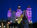 Evening illumination of Bogatyr Castle Hotel. One of most beautiful castles of Russia