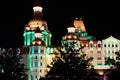 Russia, Sochi, April 14, 2021: Olympic Village. The illuminated castle is a hotel in an amusement park. Night shooting