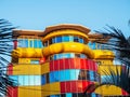 Russia Sochi 16.04.2022. Colorful creative building in south city. Multi colored building of an unusual construction