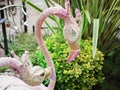 Russia, Sochi 03.10.2019. Figurine of pink metal flamingos in the Riviera Park