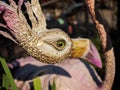 Russia, Sochi 03.10.2019. Figurine of pink metal flamingos in the Riviera Park