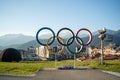 Russia, Sochi - July 4, 2019: Five Olympic rings in Olympic village in Rosa Khutor.