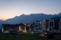 Russia, Sochi - July 4, 2019: Scenic view of mountain olympic village at sunset